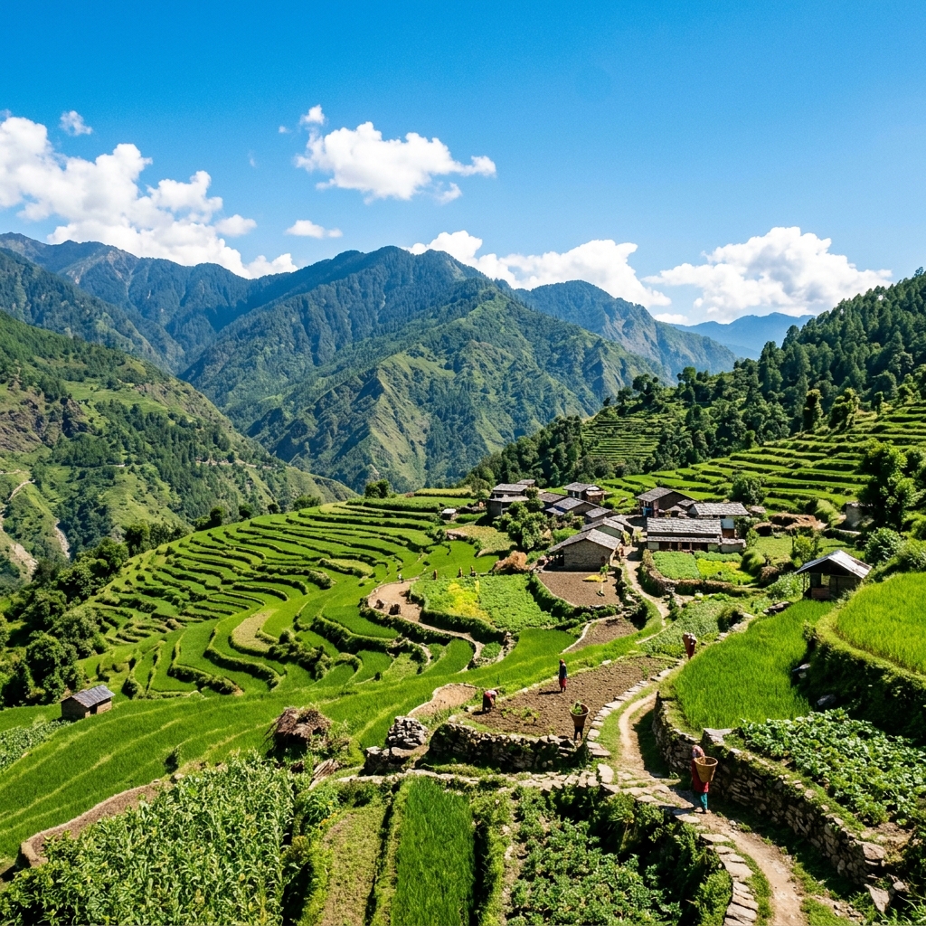 A beautiful valley in Uttarakhand with terraced fields